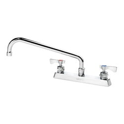 Chrome deck mount faucet with 8-inch center, 12-inch curved spout, and two lever handles.