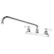 Chrome deck mount faucet with two handles and curved 14-inch spout.
