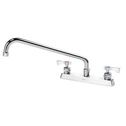 Chrome deck mount faucet with two handles and curved 14-inch spout.