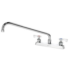 Chrome deck mount faucet with two handles, 16-inch curved spout, and sprayer attachment.