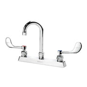 Chrome deck-mount faucet with curved gooseneck spout and two wristblade handles on white base.