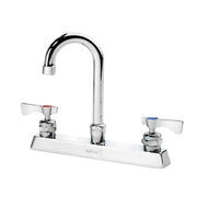 Chrome deck mount faucet with gooseneck spout and two lever handles on white base.