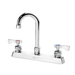 Chrome deck mount faucet with gooseneck spout and two lever handles on white base.