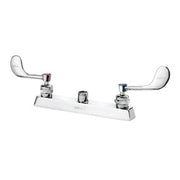 Chrome deck mount faucet with 8-inch center spacing and curved wrist blade handles.