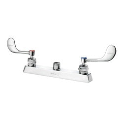Chrome deck mount faucet with 8-inch center spacing and curved wrist blade handles.
