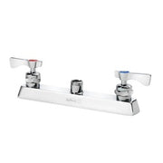 Chrome deck mount faucet with two lever handles and 8-inch center spacing, front view.