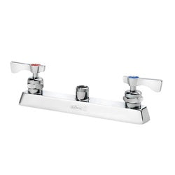 Chrome deck mount faucet with two lever handles and 8-inch center spacing, front view.