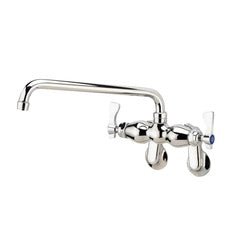 Chrome wall-mounted faucet with dual handles and 12-inch curved spout.