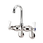 Chrome wall-mount faucet with curved gooseneck spout and dual lever handles.