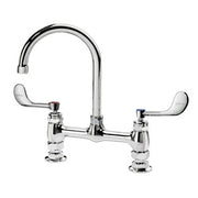 Chrome two-handle deck-mount faucet with tall curved gooseneck spout and wide wristblade handles.