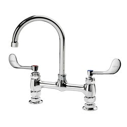 Chrome two-handle deck-mount faucet with tall curved gooseneck spout and wide wristblade handles.