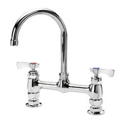 Chrome deck mount faucet with curved gooseneck spout and two lever handles.