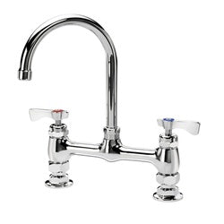 Chrome deck mount faucet with curved gooseneck spout and two lever handles.
