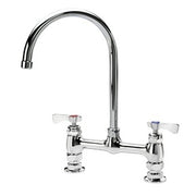 Chrome deck mount faucet with tall curved gooseneck spout and two lever handles.