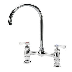 Chrome deck mount faucet with tall curved gooseneck spout and two lever handles.