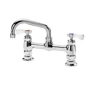 Chrome deck-mount faucet with curved spout and two handles on white background.