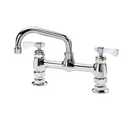Chrome deck-mount faucet with curved spout and two handles on white background.