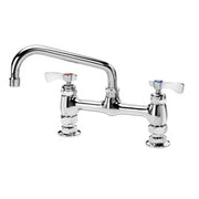Chrome deck mount faucet with dual handles, 8-inch spout, and raised center configuration.