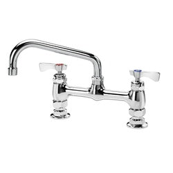 Chrome deck mount faucet with dual handles, 8-inch spout, and raised center configuration.