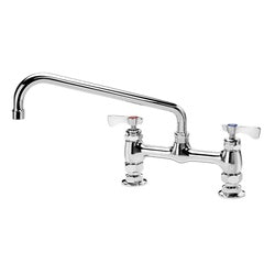 Chrome deck mount faucet with 10-inch spout and two handle controls.