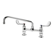Chrome deck mount faucet with 12-inch swing spout and wristblade handles.