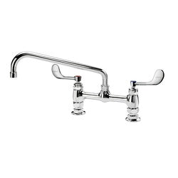 Chrome deck mount faucet with 12-inch swing spout and wristblade handles.