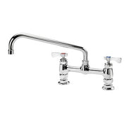 Chrome deck mount faucet with 8-inch center, 12-inch spout, and two lever handles.
