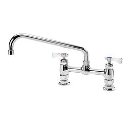 Chrome deck mount faucet with 8-inch center, 12-inch spout, and two lever handles.