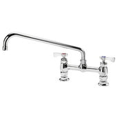 Chrome deck mount faucet with 14-inch curved spout and two lever handles.