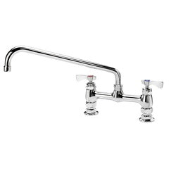 Chrome deck mount faucet with 14-inch curved spout and two lever handles.