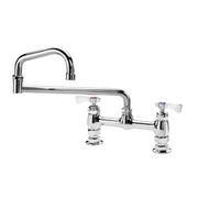 Chrome deck mount faucet with arched spout and two lever handles on base with sprayer attachment.