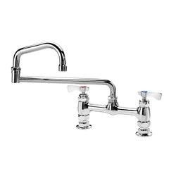 Chrome deck mount faucet with arched spout and two lever handles on base with sprayer attachment.