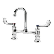 Polished chrome raised deck mount faucet with tall gooseneck spout and two wristblade handles.