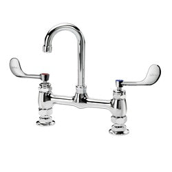 Polished chrome raised deck mount faucet with tall gooseneck spout and two wristblade handles.