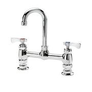 Chrome deck mount faucet with gooseneck spout and two lever handles.