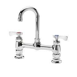Chrome deck mount faucet with gooseneck spout and two lever handles.