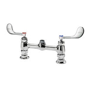 Chrome deck mount faucet body with two wrist blade handles and 8-inch center spacing.