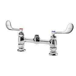 Chrome deck mount faucet body with two wrist blade handles and 8-inch center spacing.