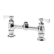 Chrome deck mount faucet with 8-inch center, two lever handles, and raised body design.