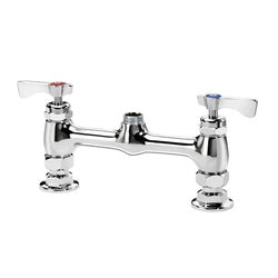 Chrome deck mount faucet with 8-inch center, two lever handles, and raised body design.