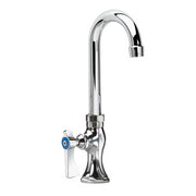 Chrome single-handle pantry faucet with curved gooseneck spout and blue valve control.