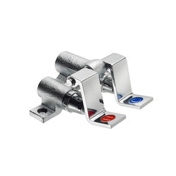 Krowne Royal Series foot pedal valve with dual cylindrical controls and red and blue colored foot pedals.