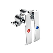 Chrome knee pedal valve with dual red and blue foot pedals mounted on white rectangular base.