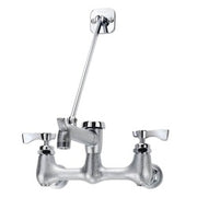 Chrome service faucet with dual lever handles, adjustable spout, and wall-mount installation base.