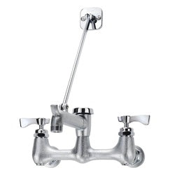 Chrome service faucet with dual lever handles, adjustable spout, and wall-mount installation base.