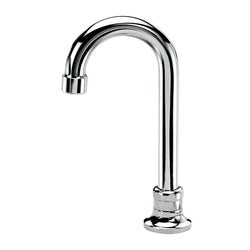 Chrome single-hole deck mount faucet with tall gooseneck spout and aerator.