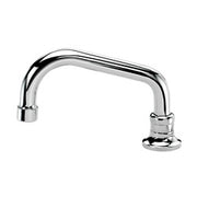 Chrome deck mount faucet with curved 6-inch spout and single hole installation.