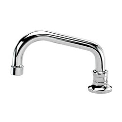 Chrome deck mount faucet with curved 6-inch spout and single hole installation.