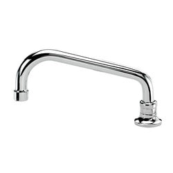 Chrome deck mount faucet with curved 8-inch spout and single handle control.