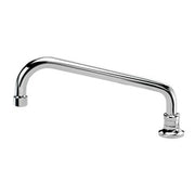 Chrome deck mount faucet with single lever control and curved swing spout arm extending from base.